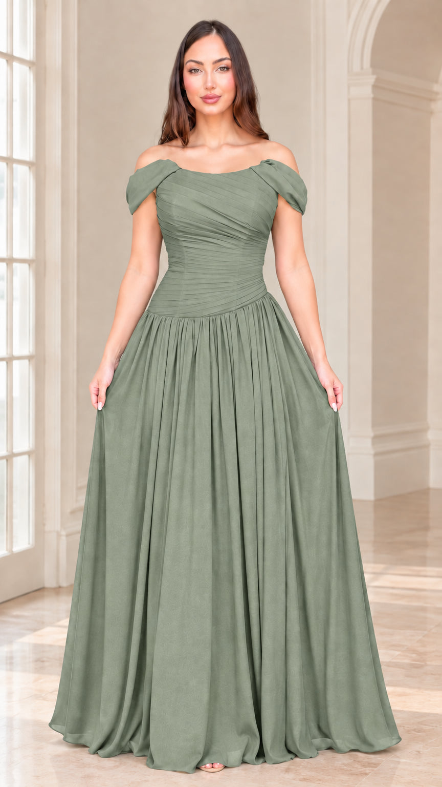 Front view of model wearing sage green off-the-shoulder chiffon evening dress