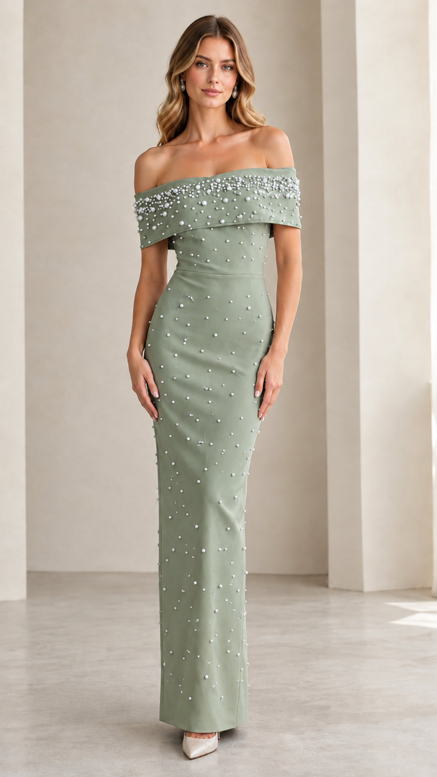 Full-length view of Sage Green pearl embellished off-the-shoulder column maxi dress