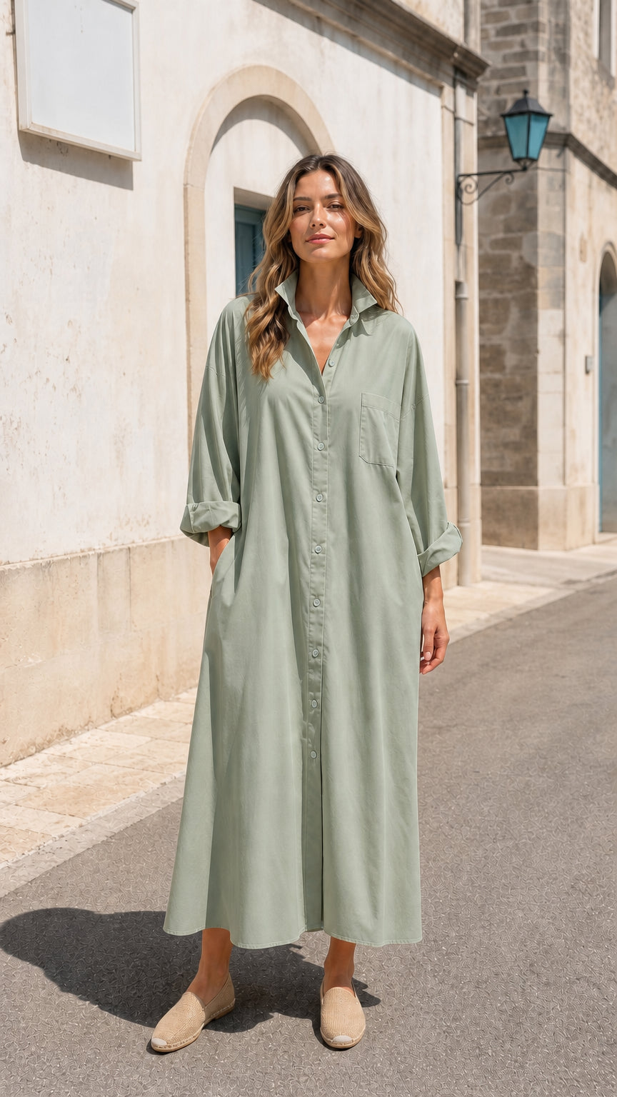 Front view of woman wearing sage green long sleeve button-down maxi shirt dress