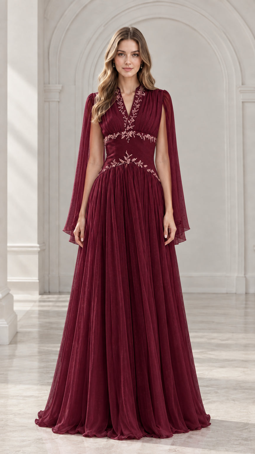 Burgundy wine red cape sleeve embroidered evening gown front view