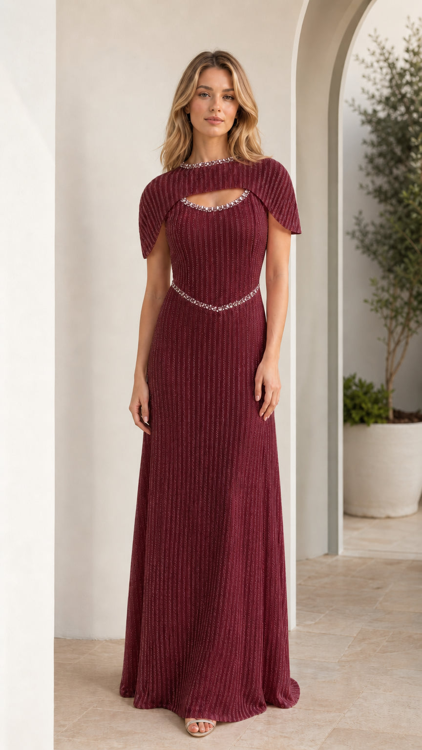 Burgundy wine red pleated cape sleeve formal maxi dress with beadwork