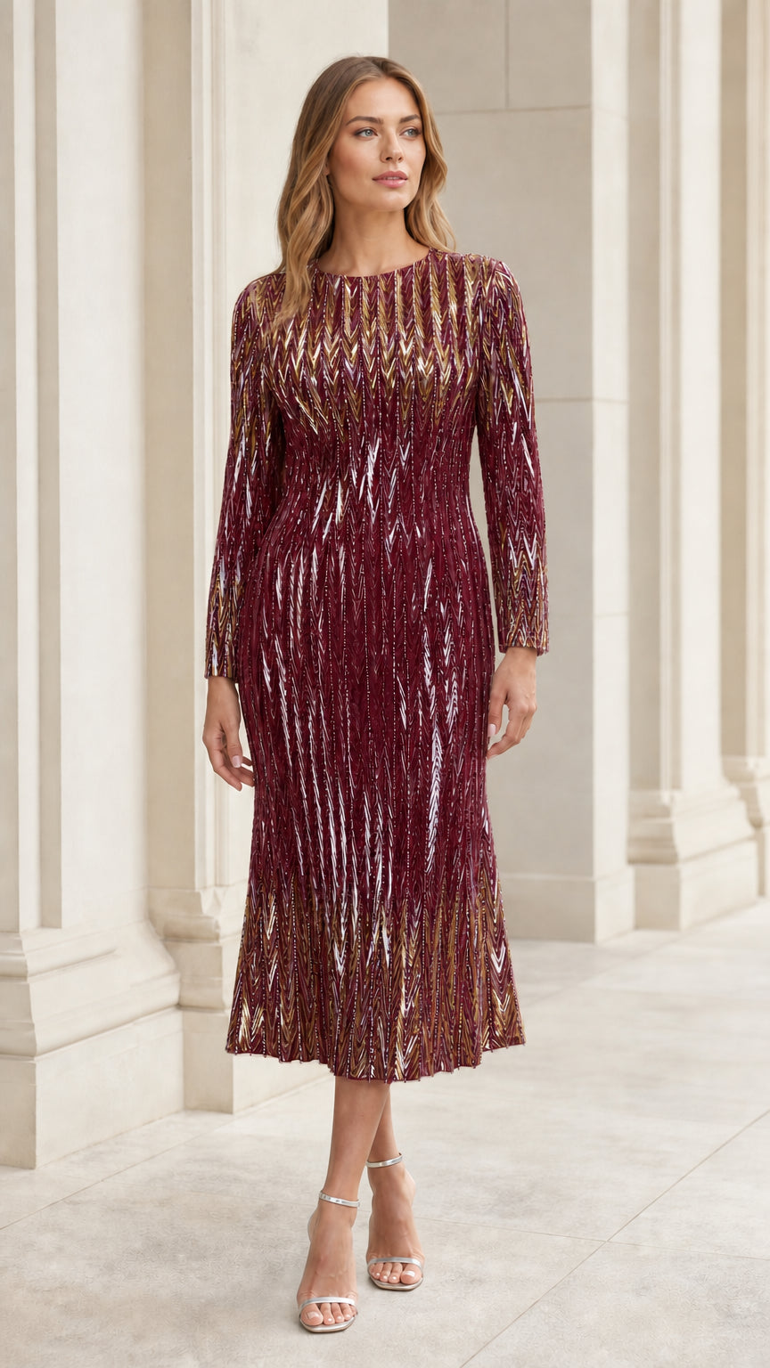 Front view of woman wearing burgundy wine sequin chevron midi dress