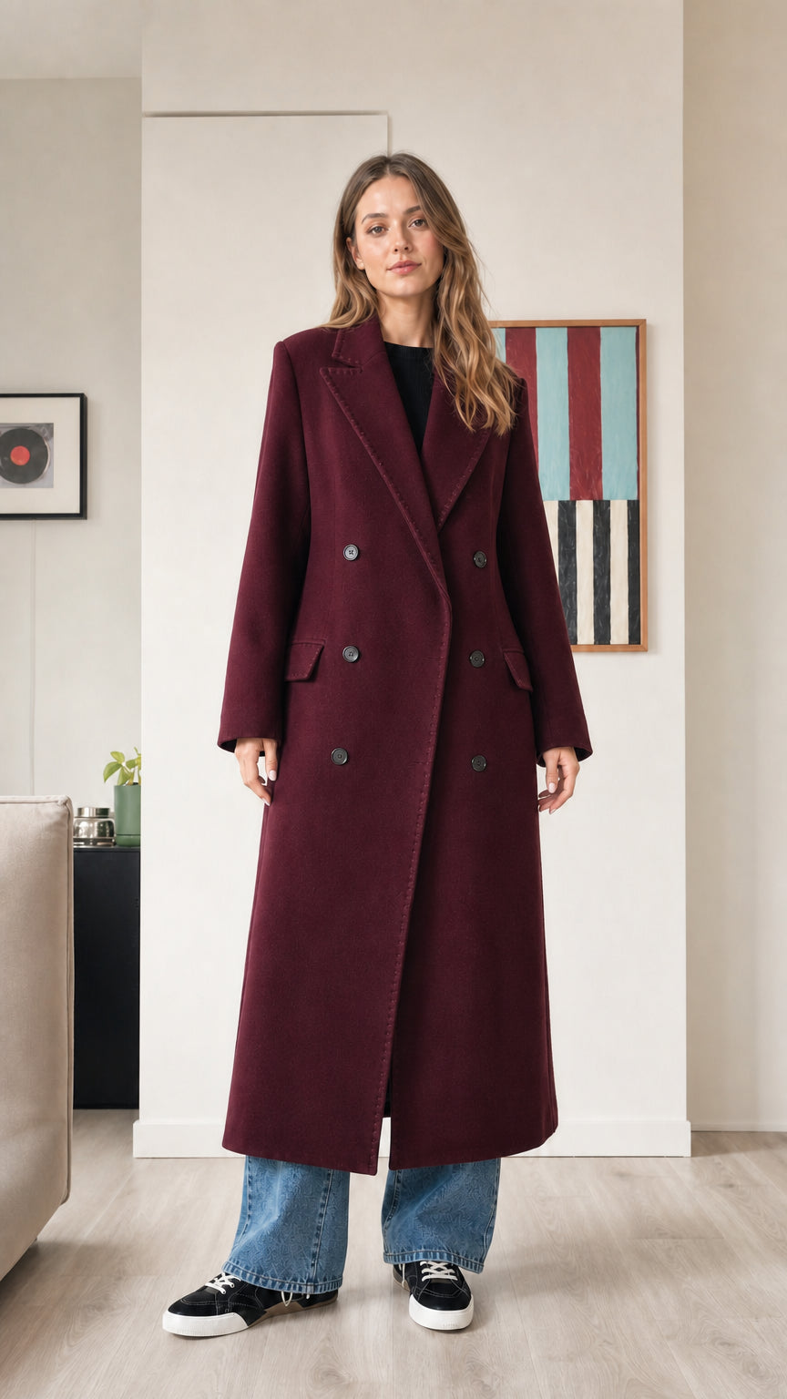 Front view of woman wearing rich burgundy wine long double-breasted coat