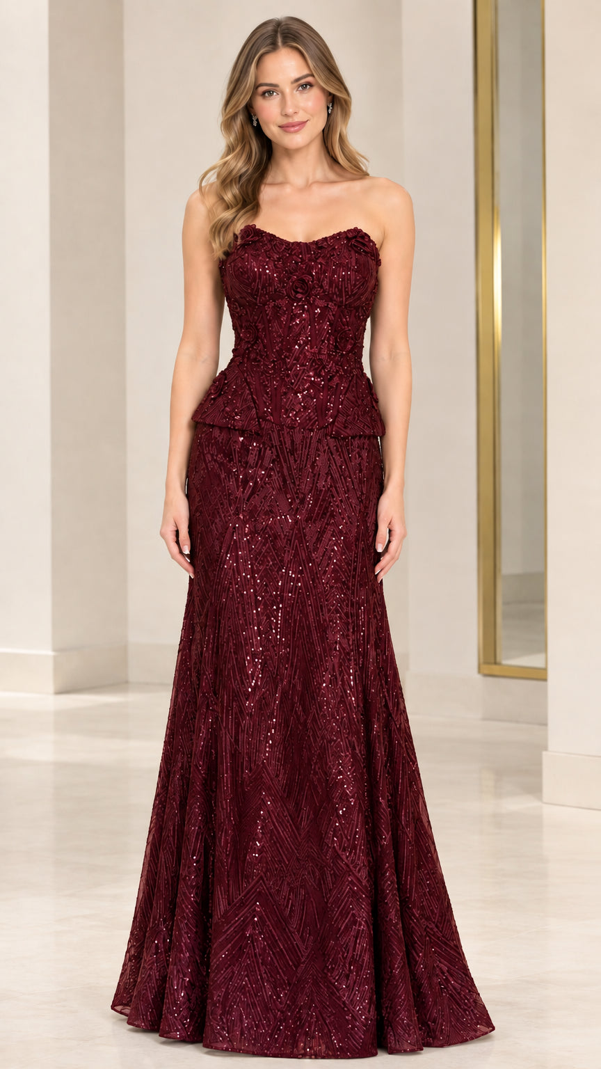 Burgundy strapless sequin peplum formal dress front view
