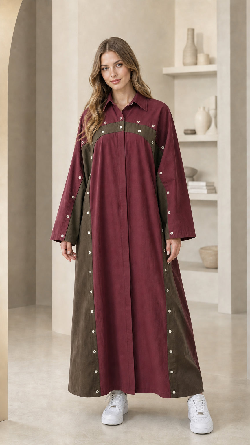 Burgundy and dark contrast long sleeve casual maxi dress