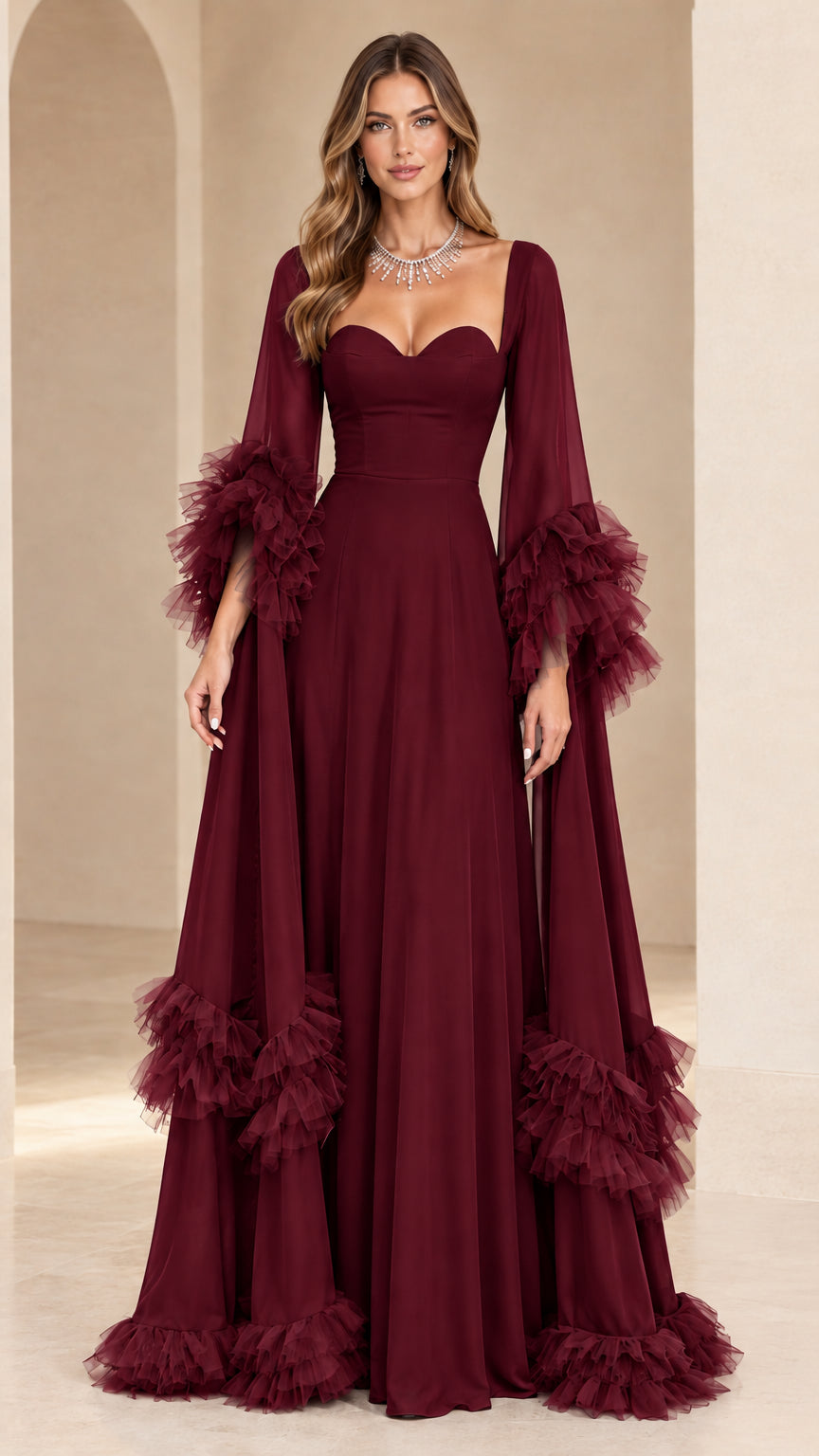 Burgundy wine red sweetheart neckline formal evening gown with ruffled sleeves