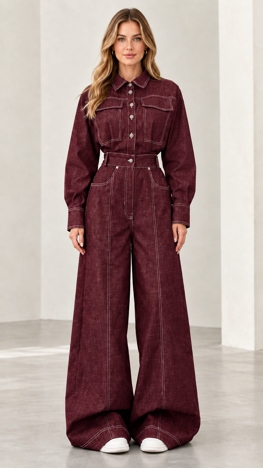 Front view of model wearing burgundy long-sleeve wide leg denim jumpsuit