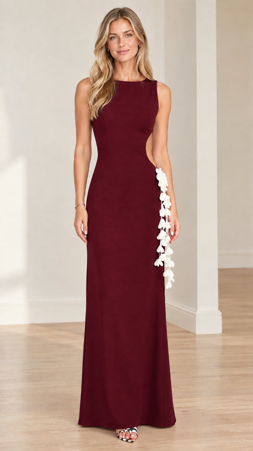 Burgundy wine red sleeveless cutout evening gown with 3D floral trim
