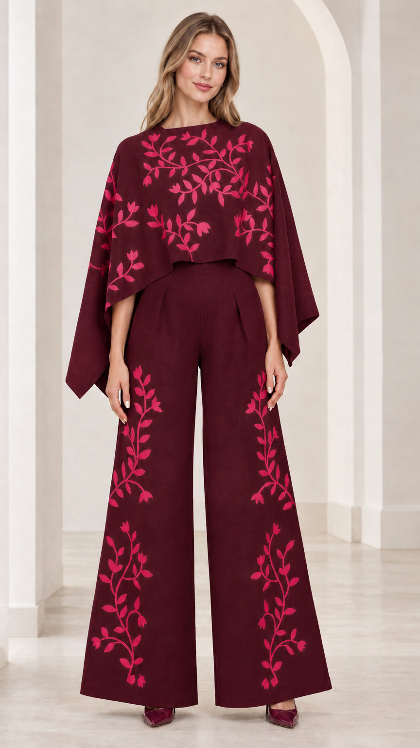 Front view of burgundy wine embroidered cape sleeve wide leg jumpsuit
