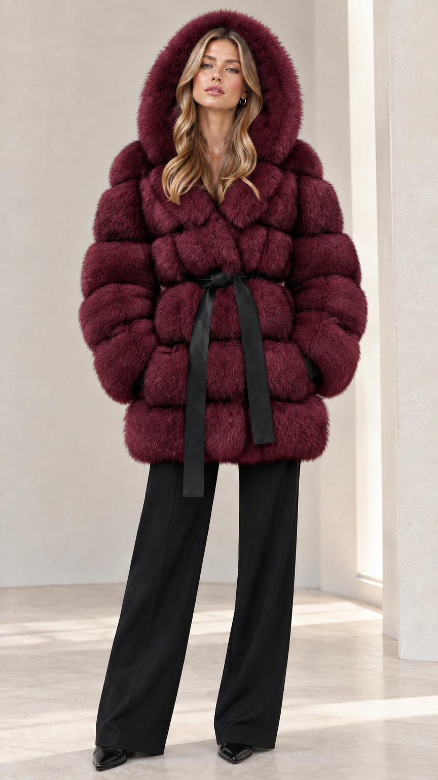 Full front view of Burgundy wine red hooded belted faux fur coat
