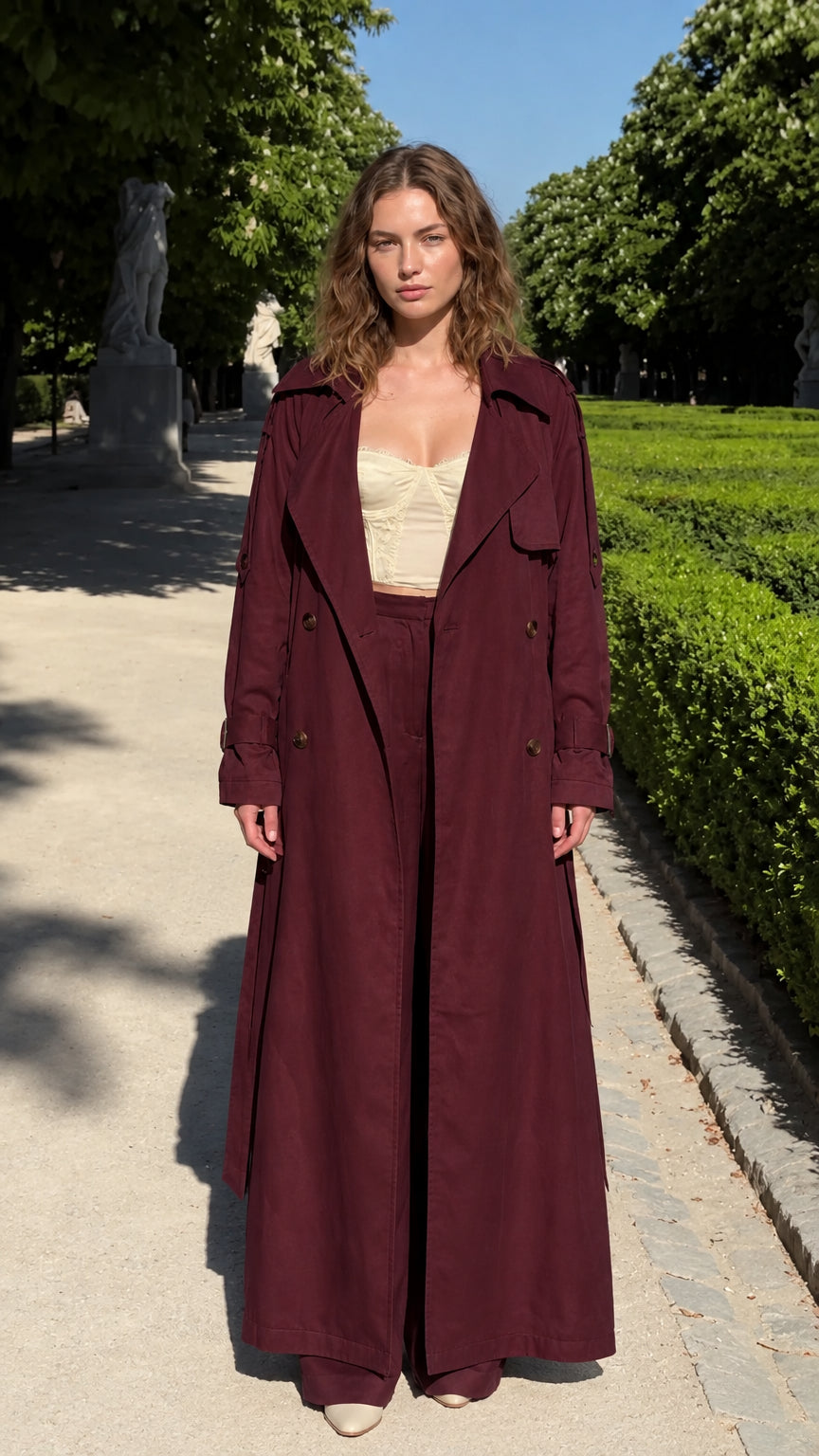Model wearing rich burgundy maxi trench coat and wide-leg pants outfit