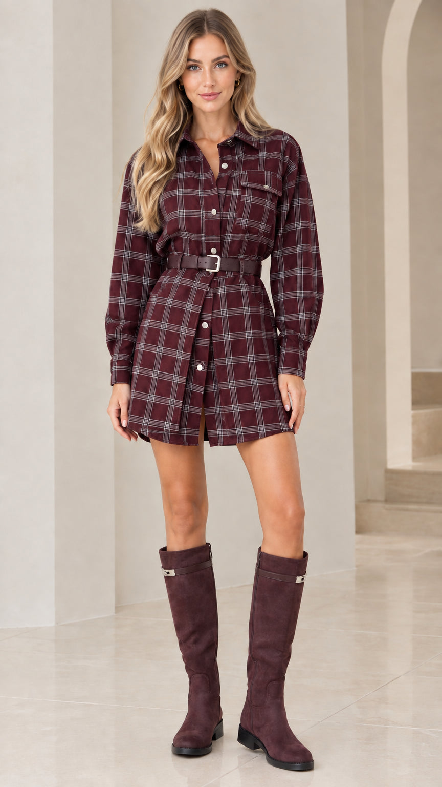 Full-length view of model wearing burgundy wine plaid long sleeve belted shirt dress