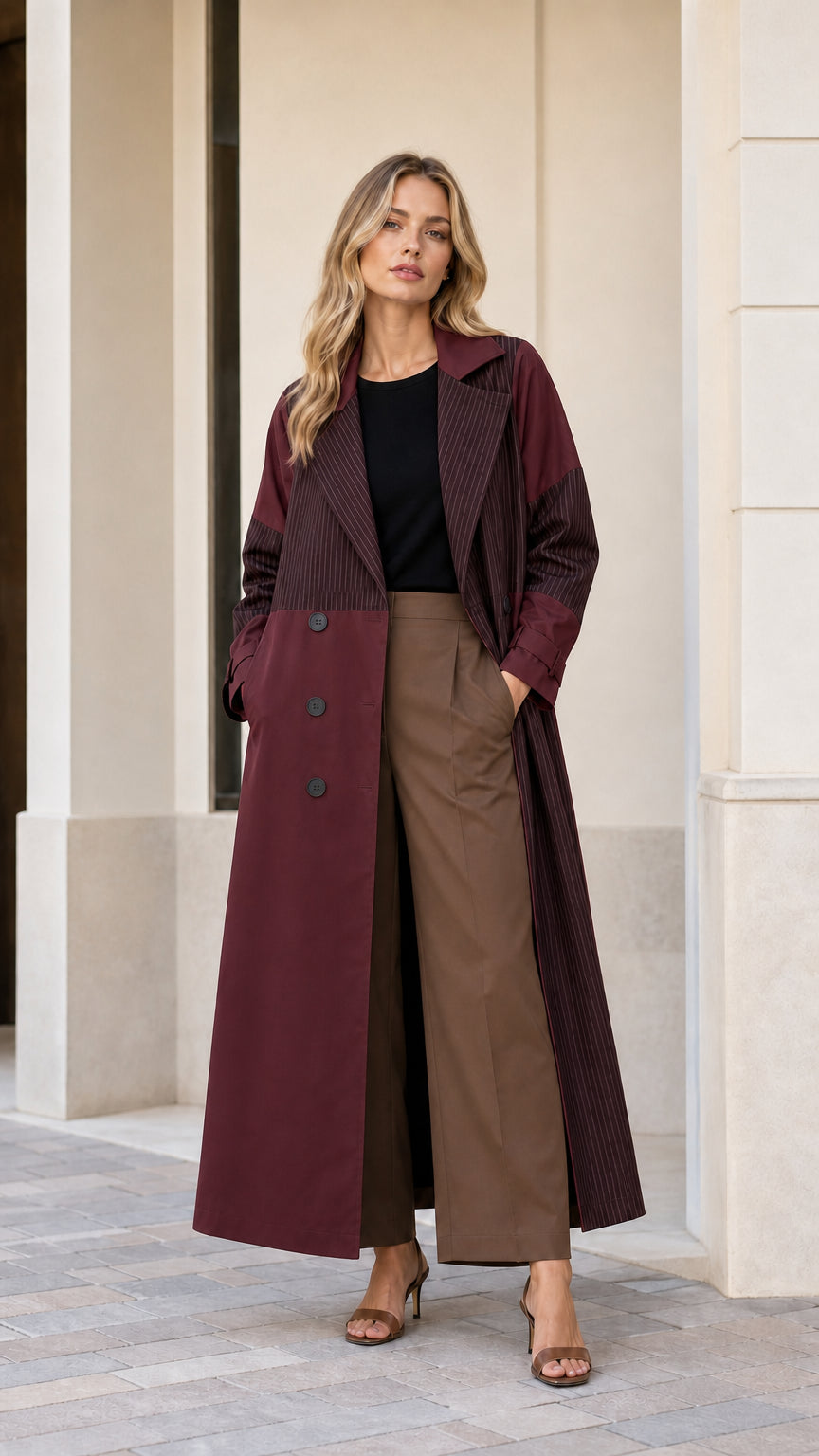 Full front view of woman wearing Burgundy wine colorblock pinstripe maxi trench coat