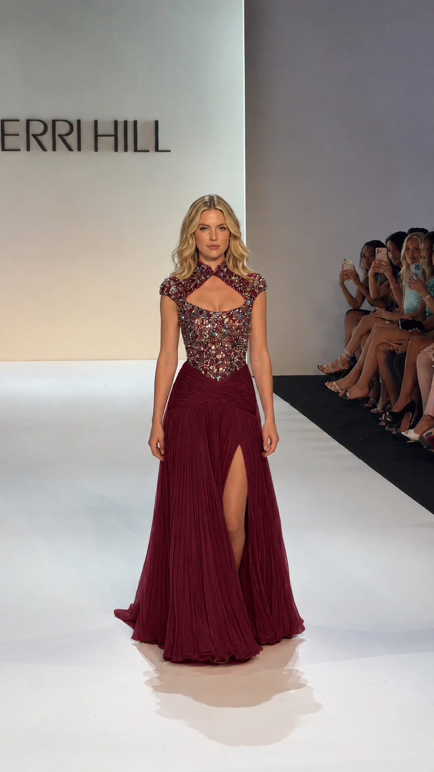 Full-length view of model wearing Burgundy formal gown with keyhole cutout and pleated skirt
