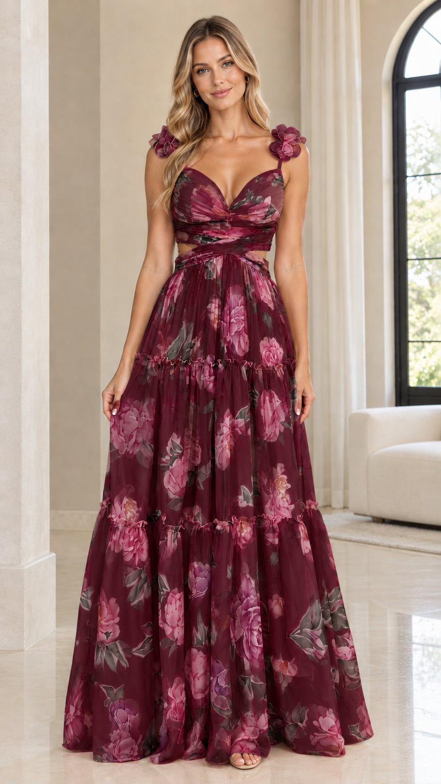 Woman wearing burgundy wine floral tiered cut-out maxi dress with 3D shoulder flowers