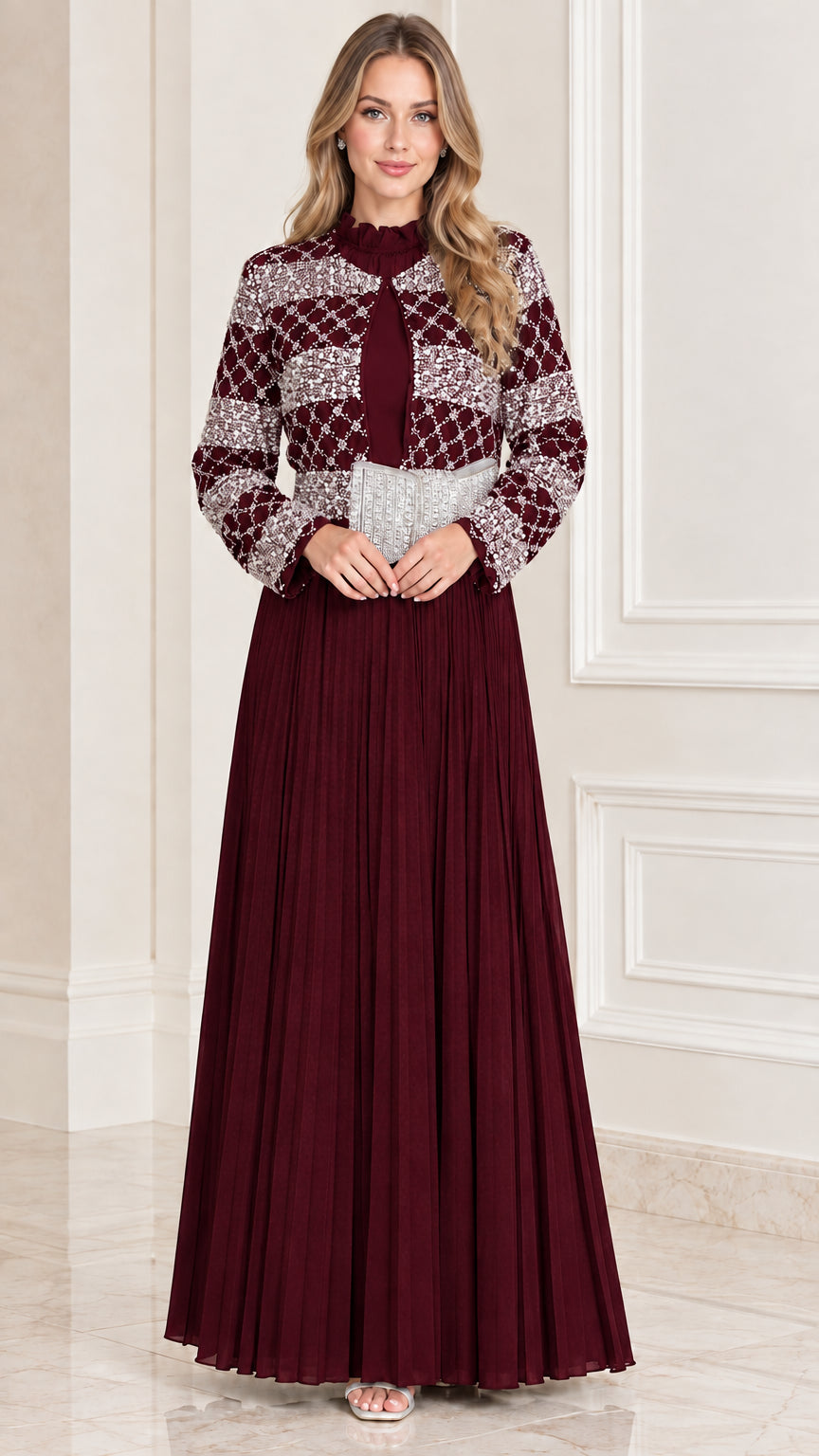 Burgundy wine sequined jacket overlay pleated maxi evening dress