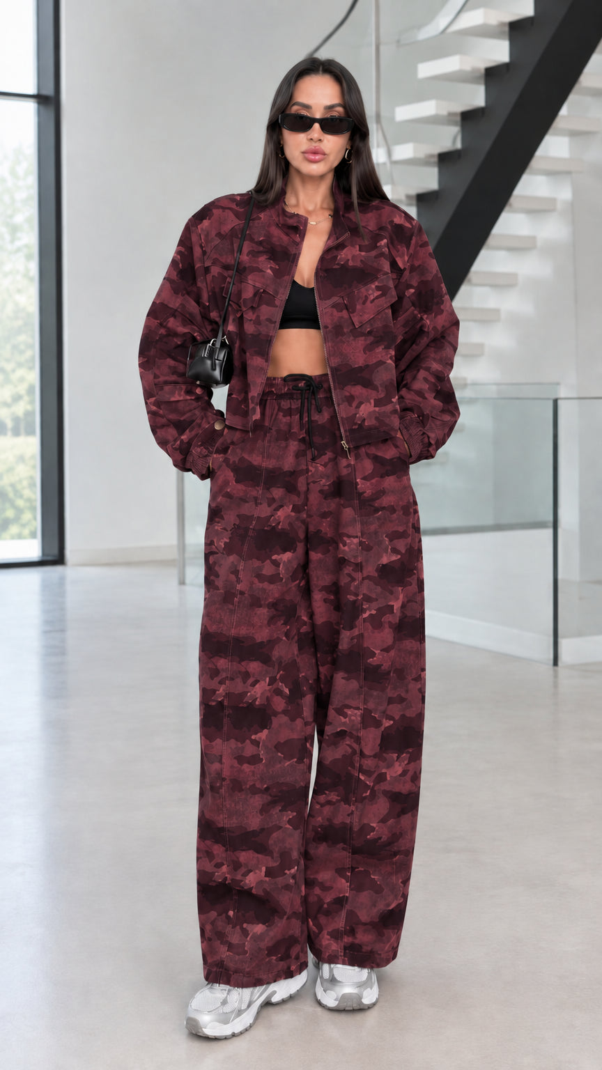 Model wearing Burgundy Camo cropped jacket and wide-leg pants set