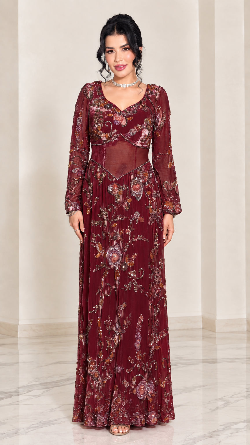 Full-length front view of burgundy wine red embellished evening gown
