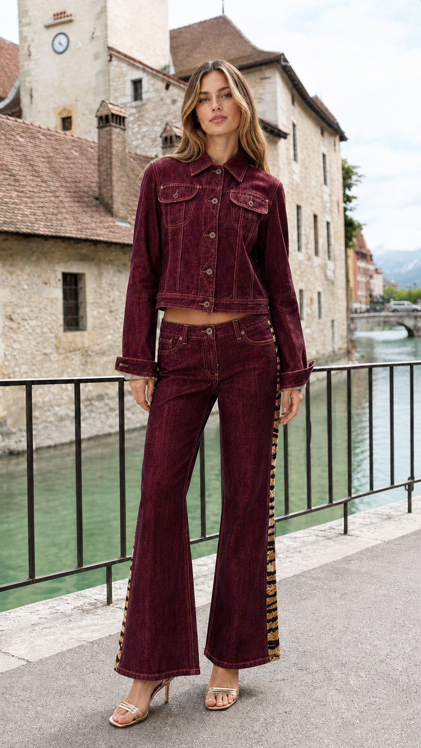 Model wearing Burgundy red denim cropped jacket and flare pants two piece set
