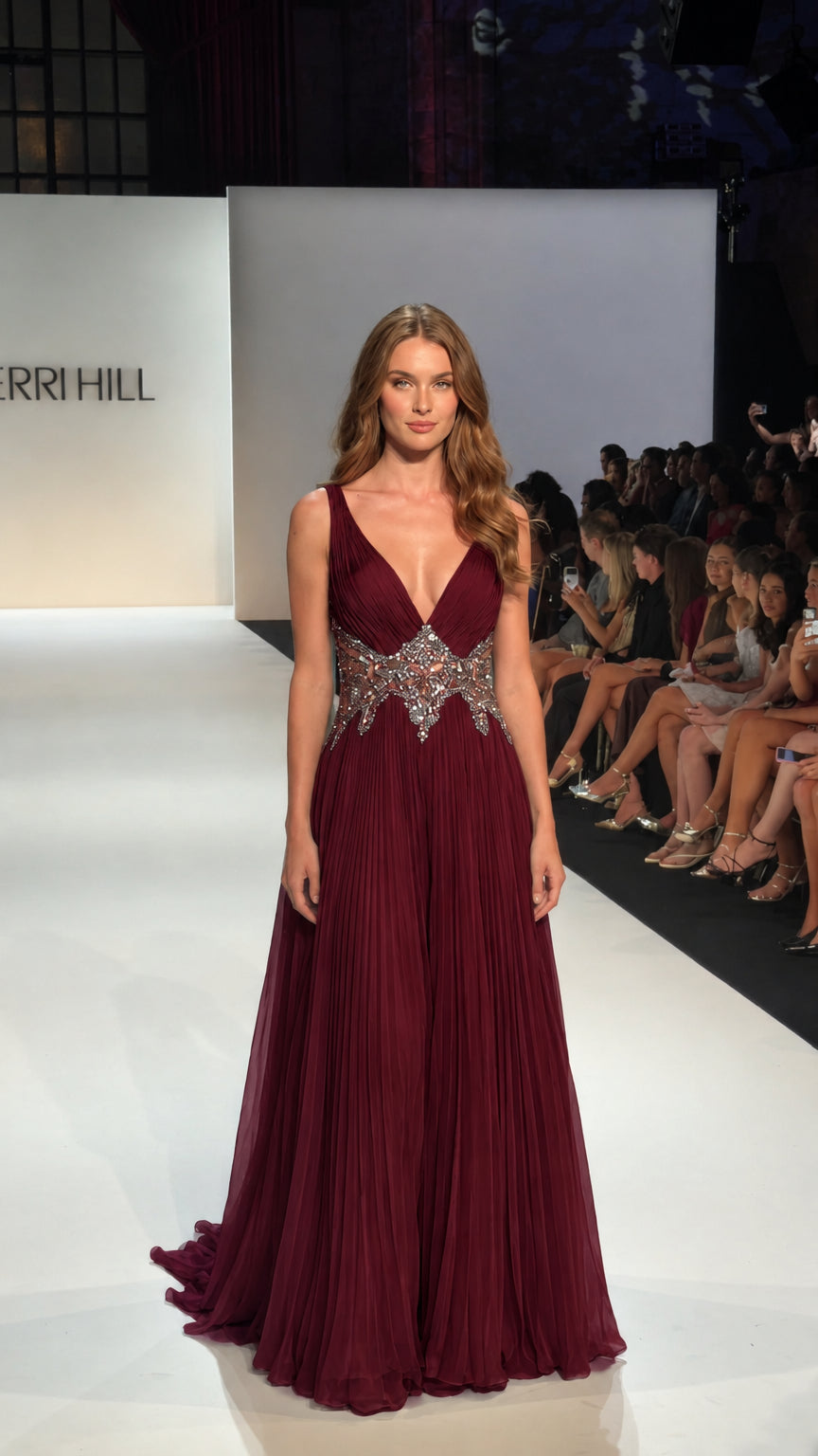 Burgundy pleated sleeveless evening gown with a sparkling embellished waist