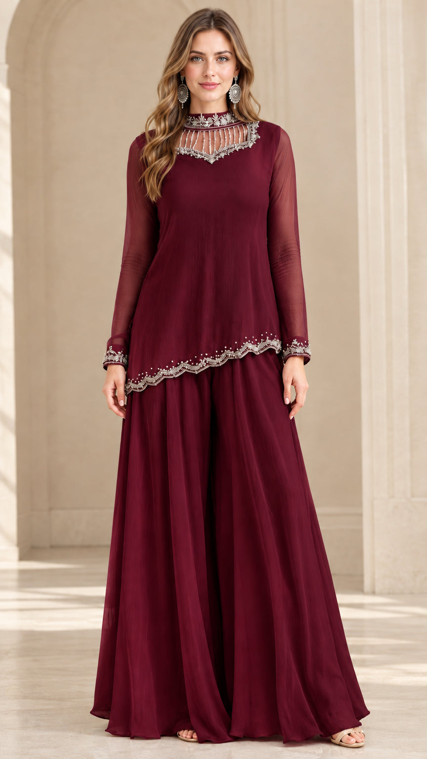 Burgundy wine red formal two-piece beaded evening outfit