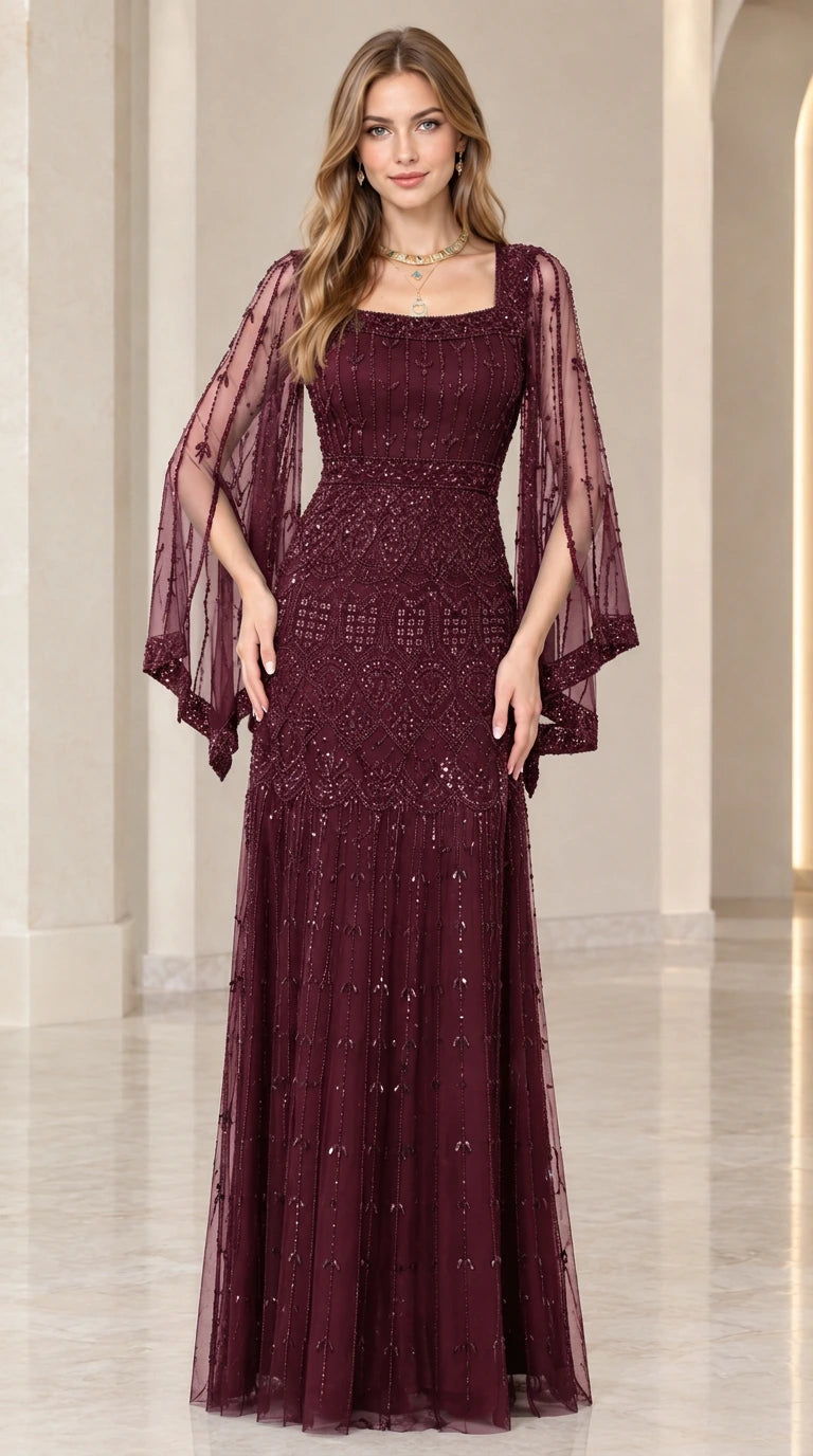 Front view of model wearing rich burgundy wine beaded maxi formal gown