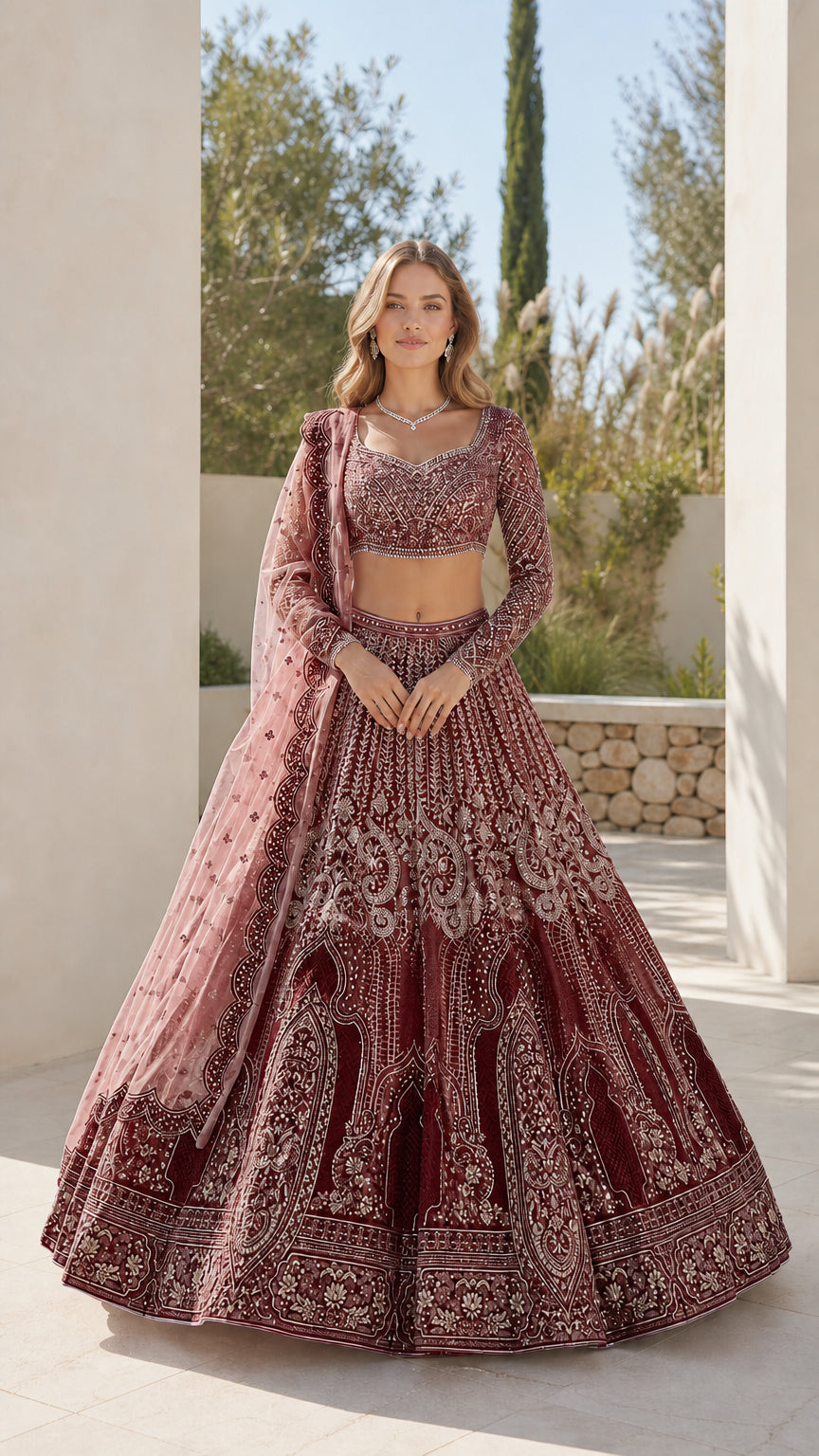 Full front view of deep wine red embroidered lehenga choli set