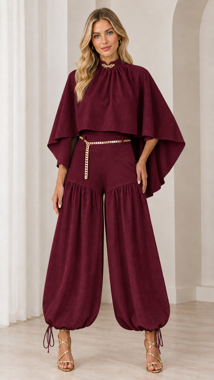 Burgundy wine capelet top and gathered balloon pants set