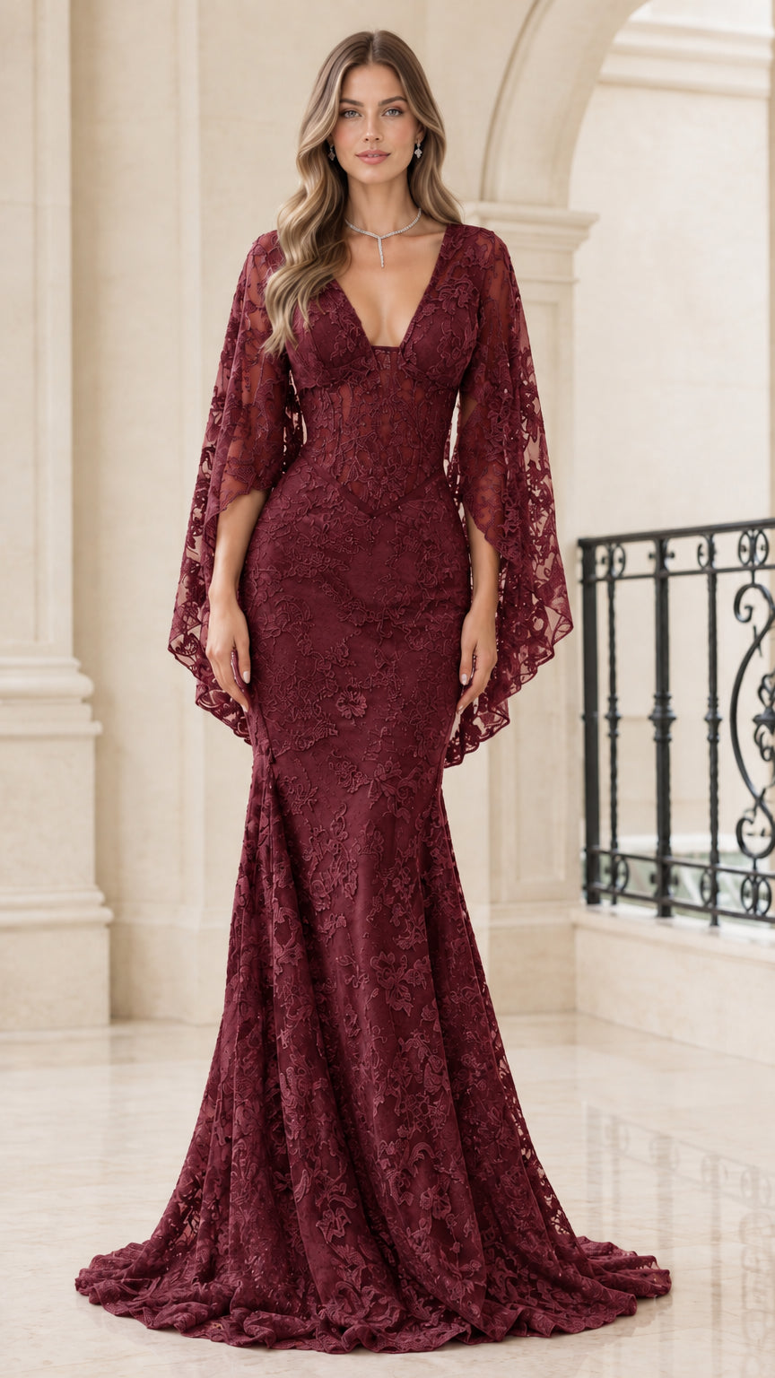 Front view of Burgundy wine red lace cape sleeve mermaid formal gown