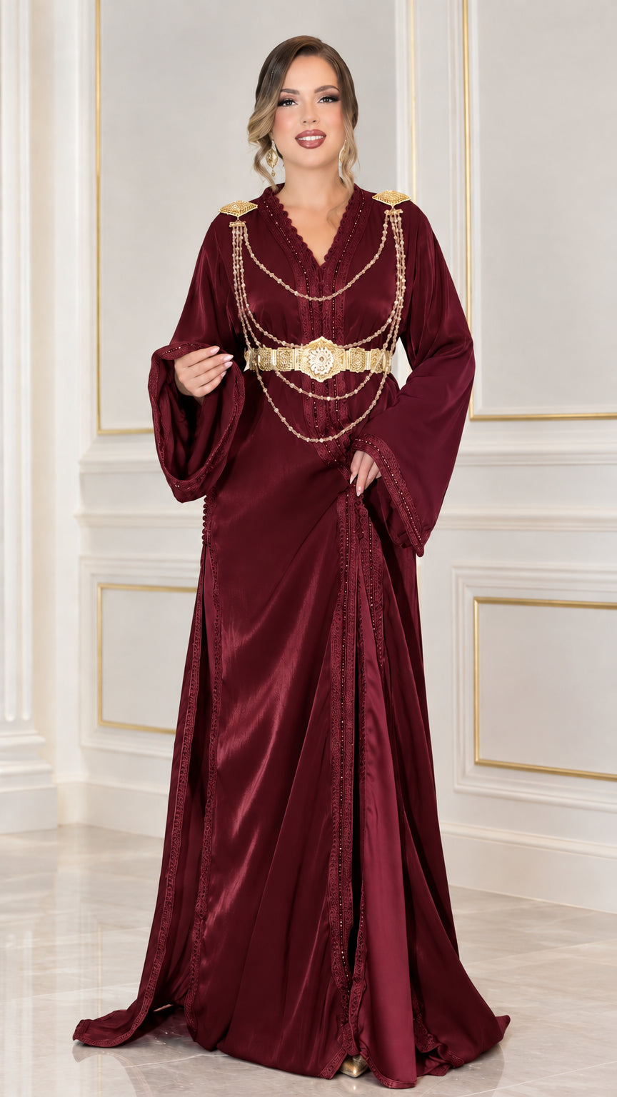 Burgundy wine red embellished satin kaftan evening gown