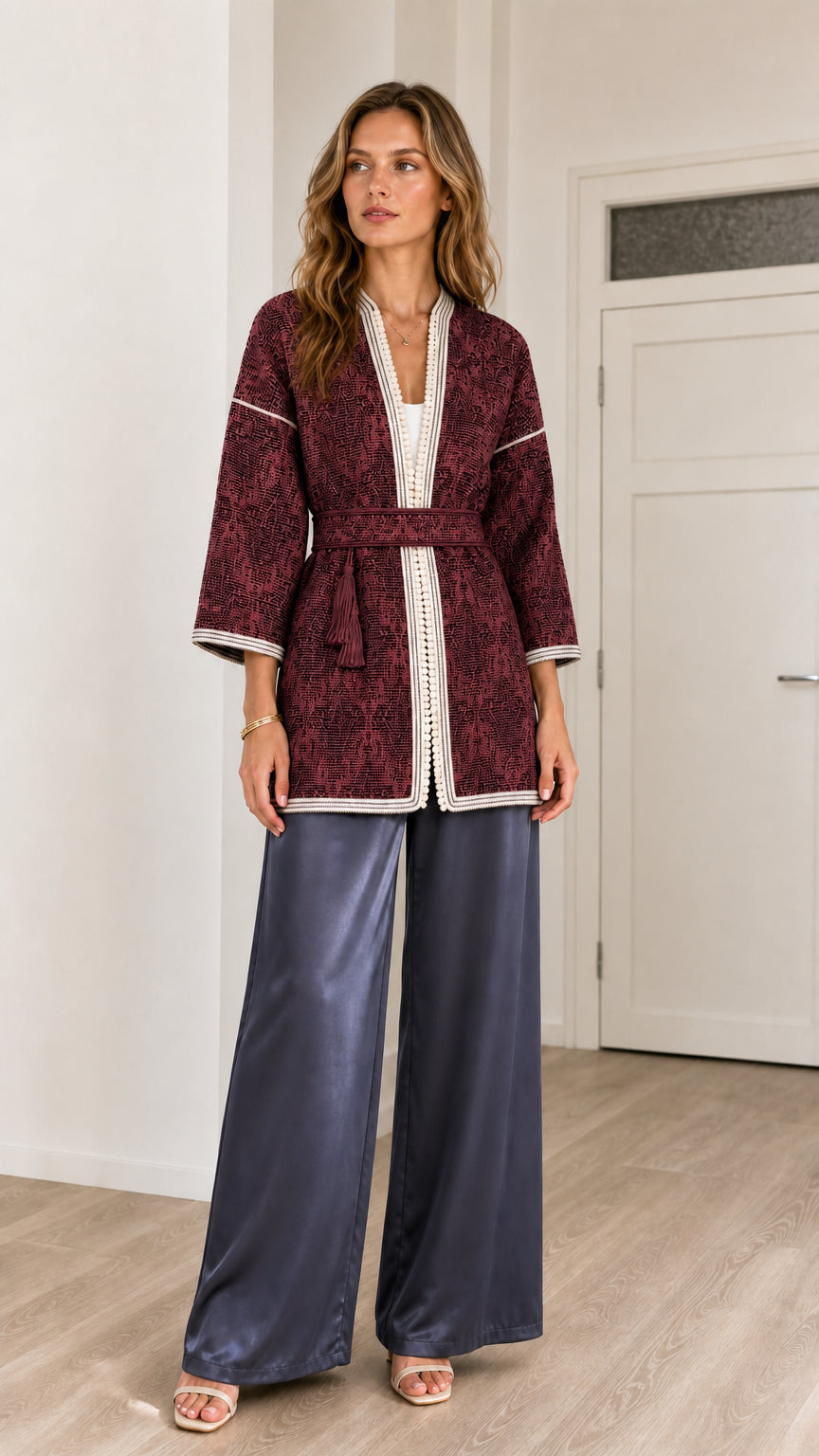 Front view of model wearing Burgundy wine-red jacquard belted kimono cardigan with braided belt