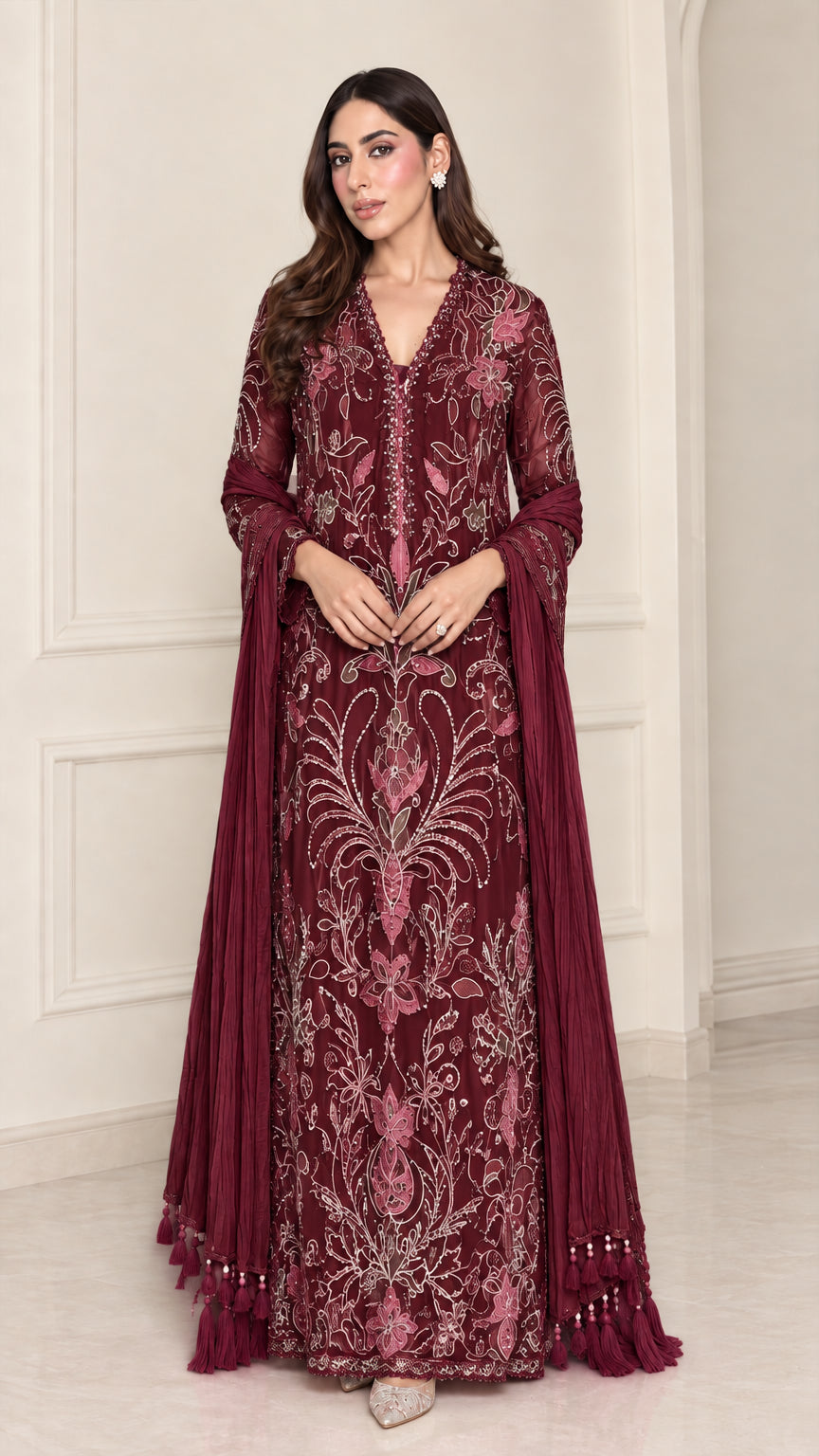 Full-length view of rich burgundy embroidered formal maxi dress with matching scarf