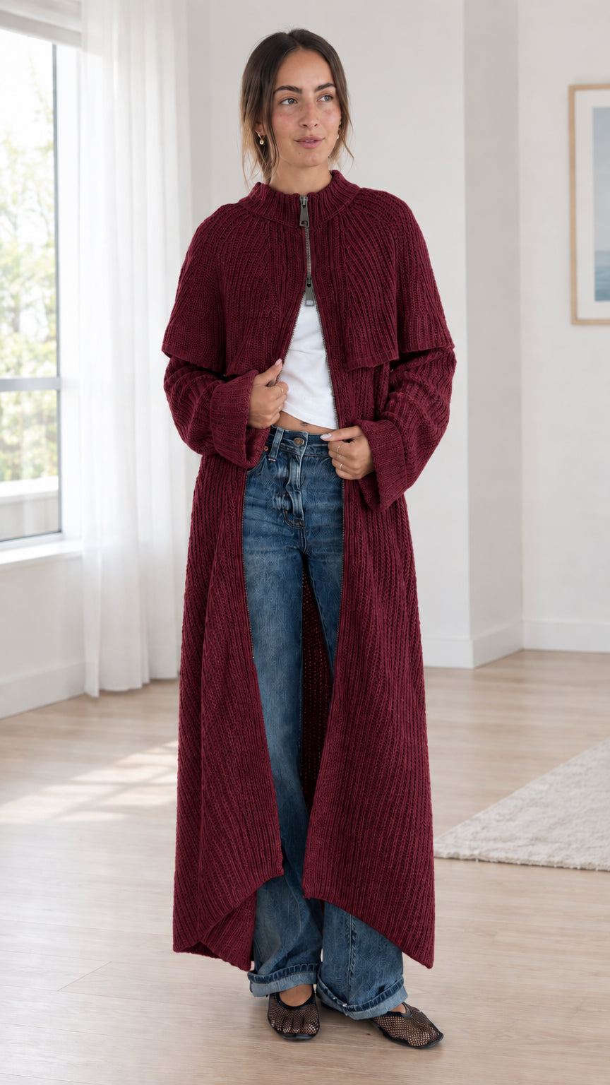 Front view of burgundy wine ribbed knit longline capelet cardigan duster coat