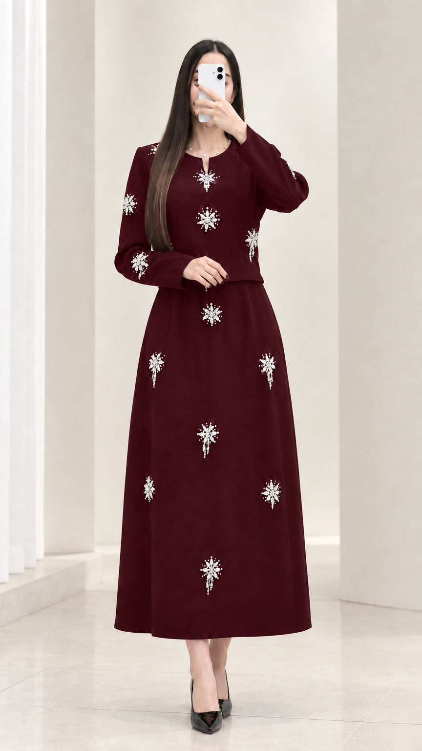 Burgundy wine red embellished long sleeve top and maxi skirt set