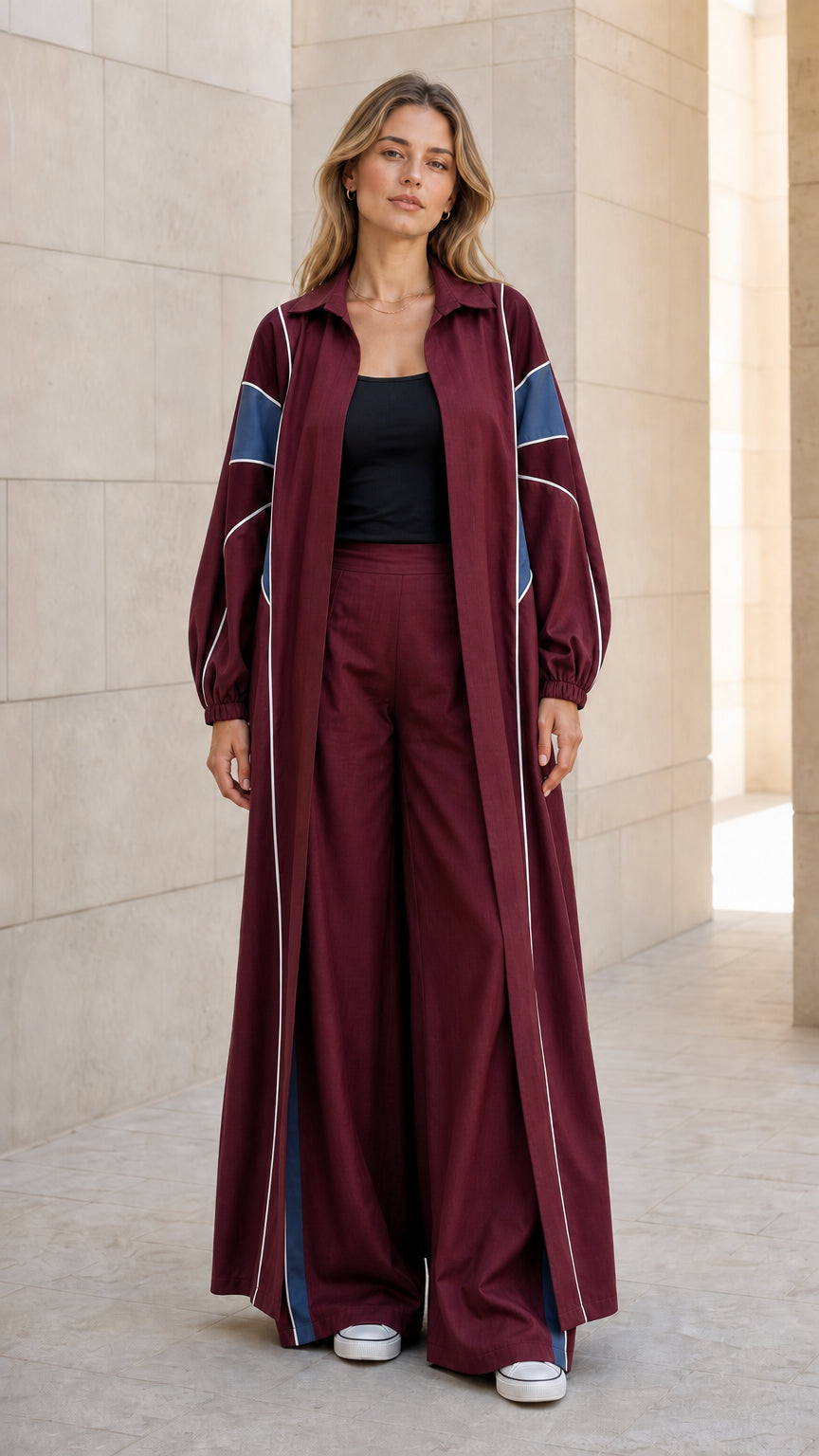 Burgundy colorblock maxi duster and wide leg trousers set