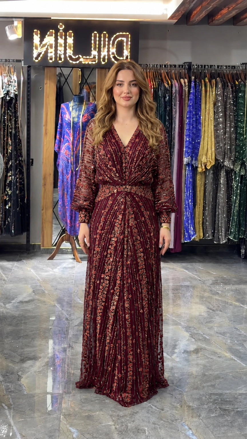 Burgundy wine red shimmering sequin long evening dress with lantern sleeves