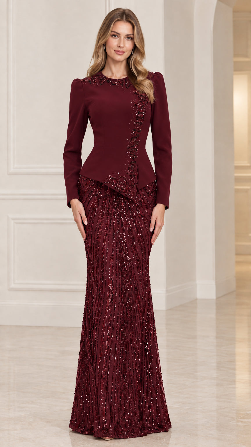 Burgundy wine long sleeve formal gown with sequin skirt and peplum top