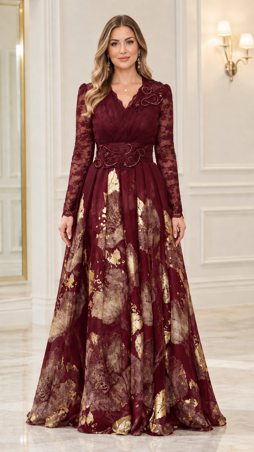 Front full-length view of burgundy red metallic floral evening gown