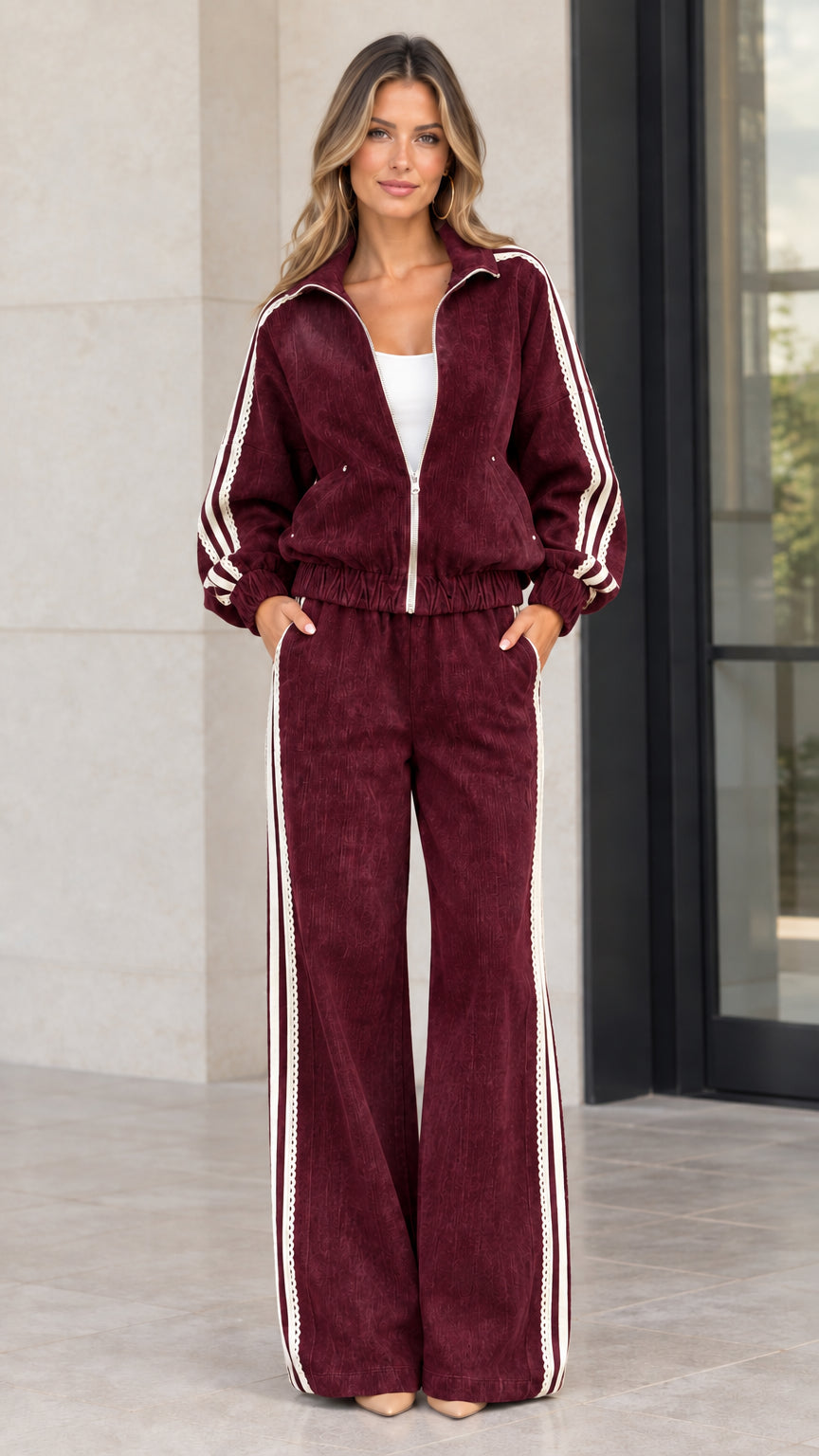Front view of woman wearing burgundy wine red corduroy matching two-piece set