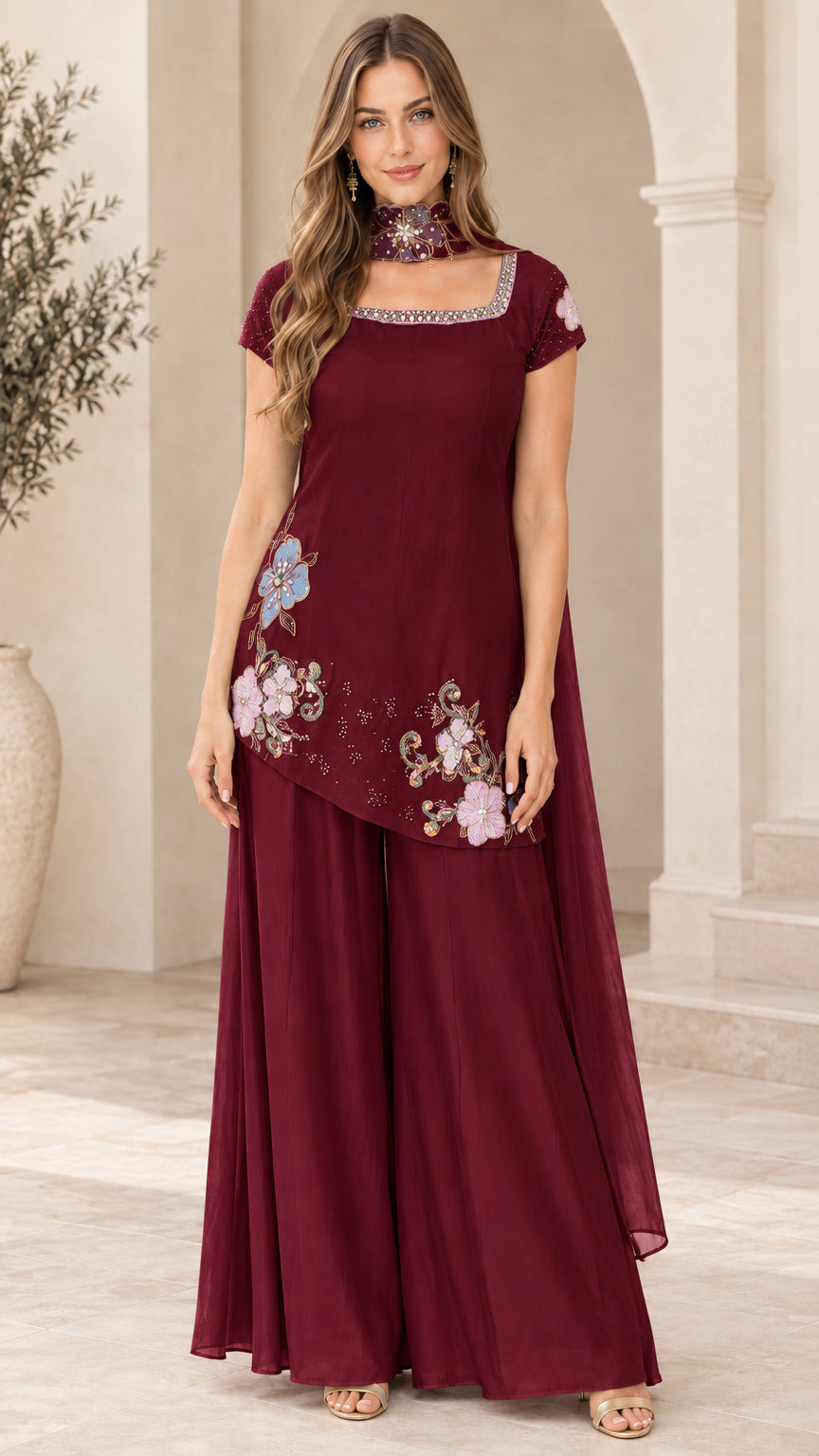 Front view of model wearing Burgundy floral embroidered tunic and palazzo pants set