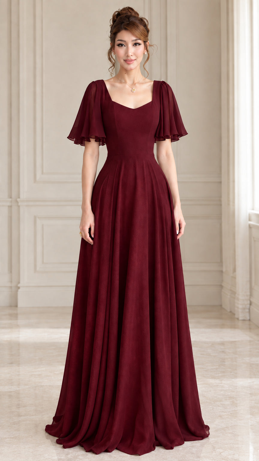 Burgundy flutter sleeve floor-length evening gown