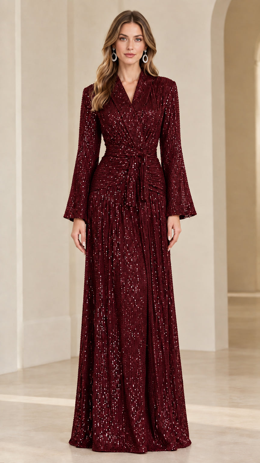 Model wearing rich burgundy wine red sequin wrap maxi dress