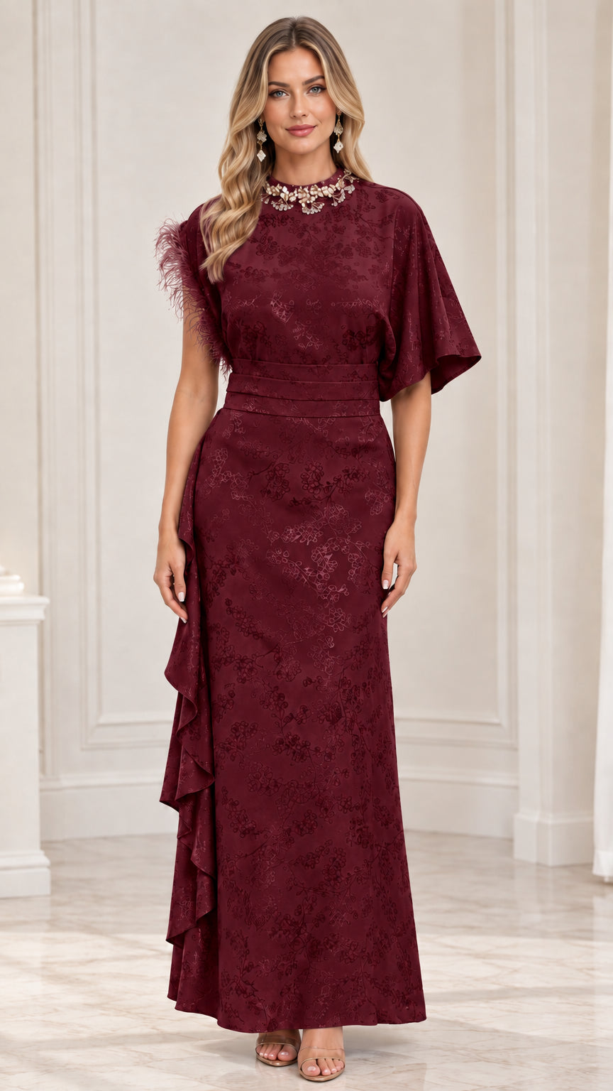 Burgundy embellished high-neck jacquard maxi dress front view