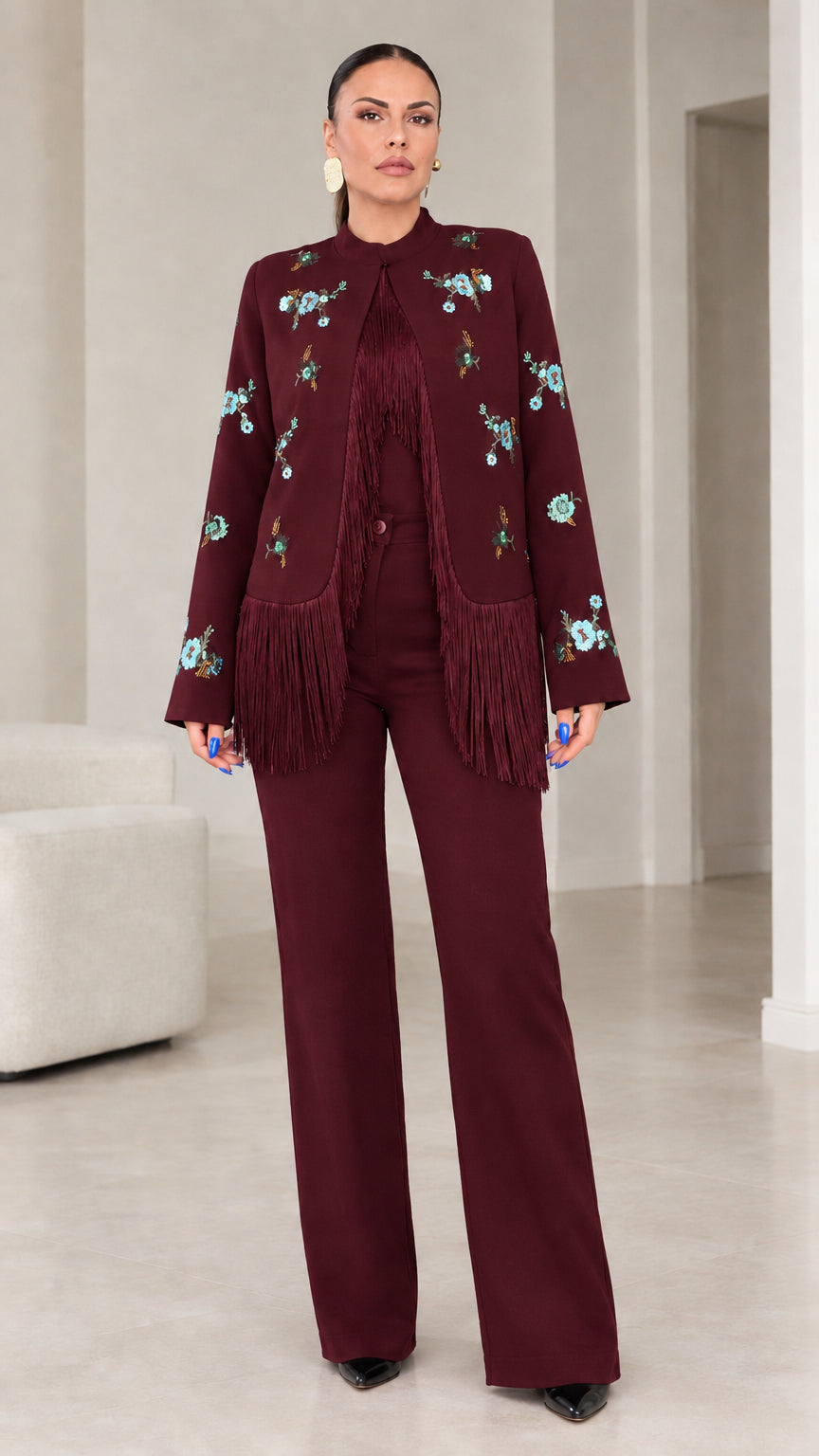 Burgundy wine red floral embroidered fringe jacket and tailored pant suit set