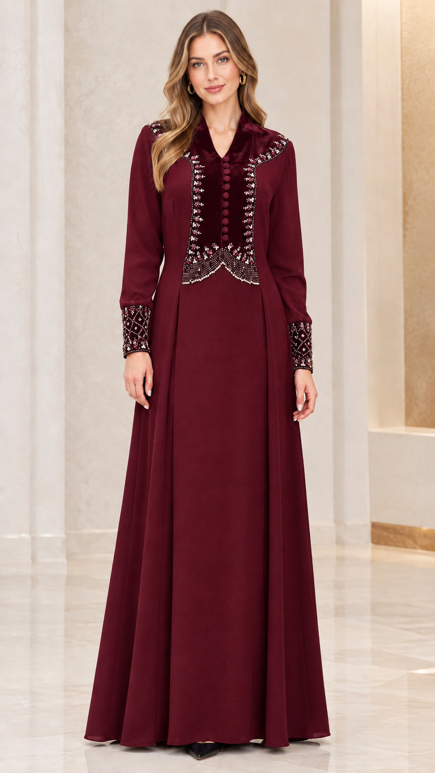 Burgundy wine red long sleeve beaded velvet trim formal gown