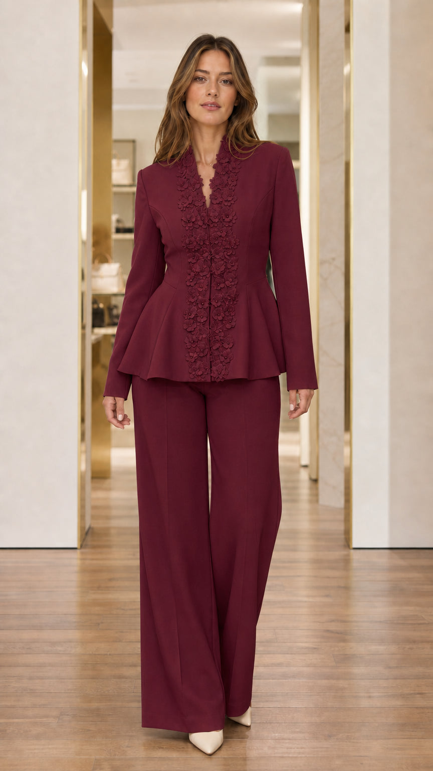 Burgundy wine formal peplum jacket and wide-leg pants set
