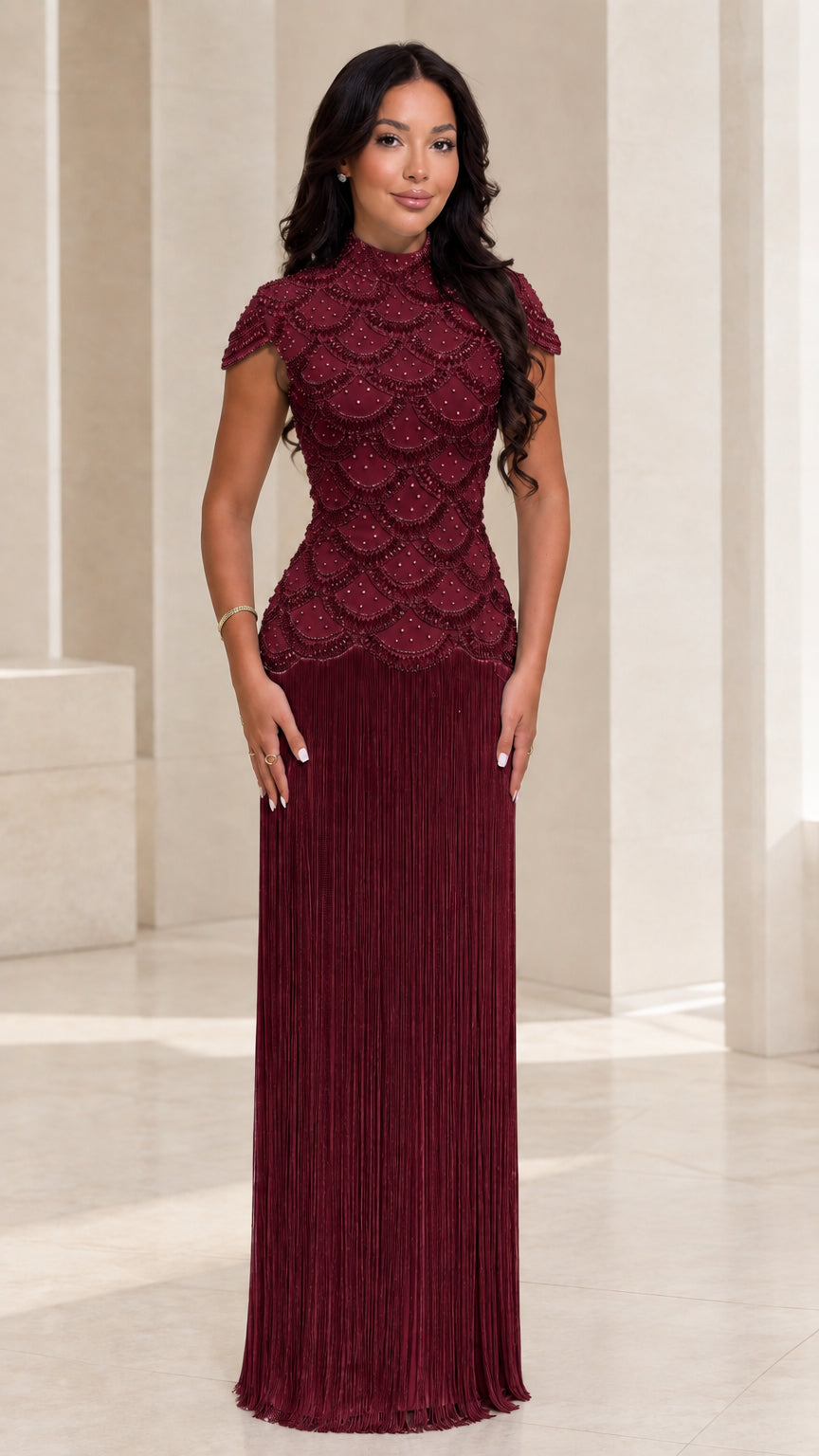 Burgundy wine high neck beaded fringe formal gown