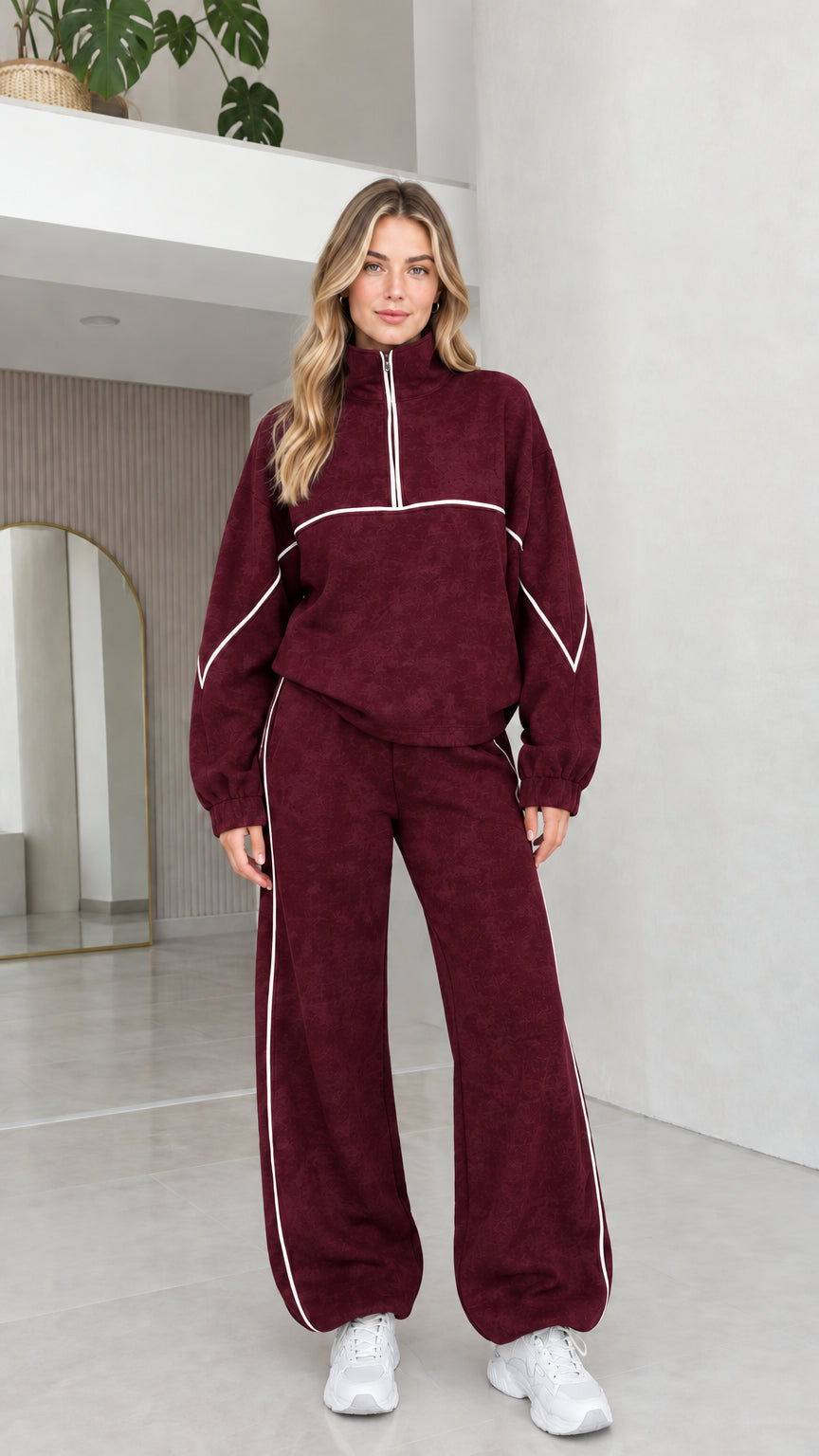 Burgundy wine red women's quarter zip fleece tracksuit set