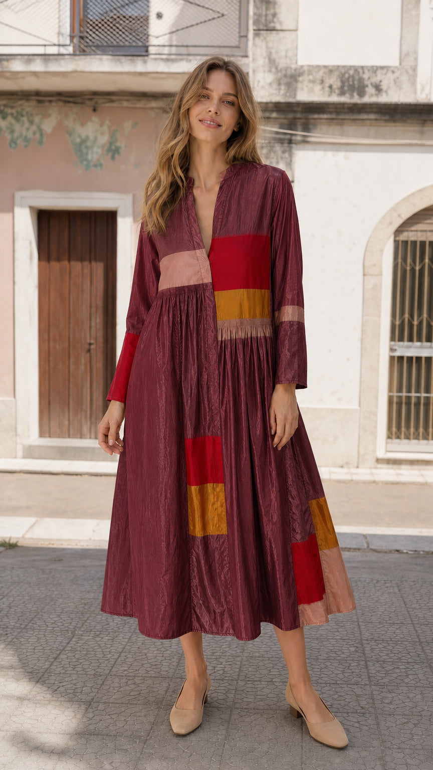 Woman wearing burgundy boho colorblock midi dress