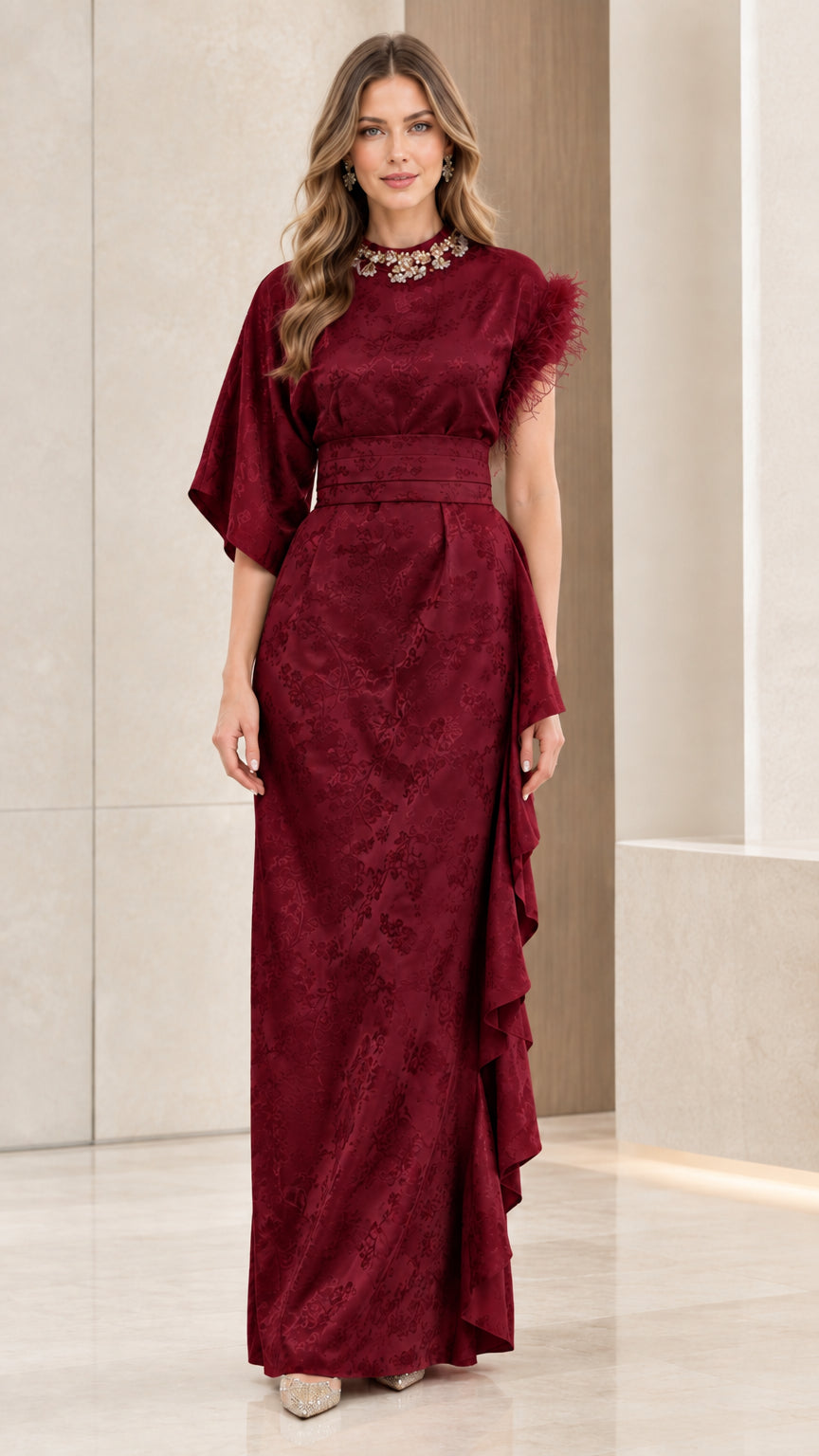 Burgundy wine floral jacquard maxi gown with jeweled collar